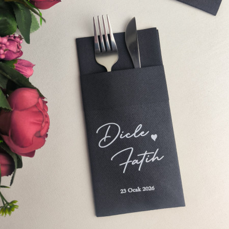 50 Adet Pians Kişiye Özel Airlaid Kumaş Dokulu Peçete - Siyah